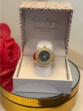 Jessica Simpson Gold Tone Ring Watch with Black Dial and Crystals Accent Sz 8/9+